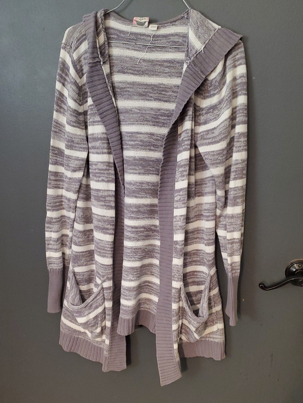 Roxy Striped Hooded Open Cardigan - Gray & White